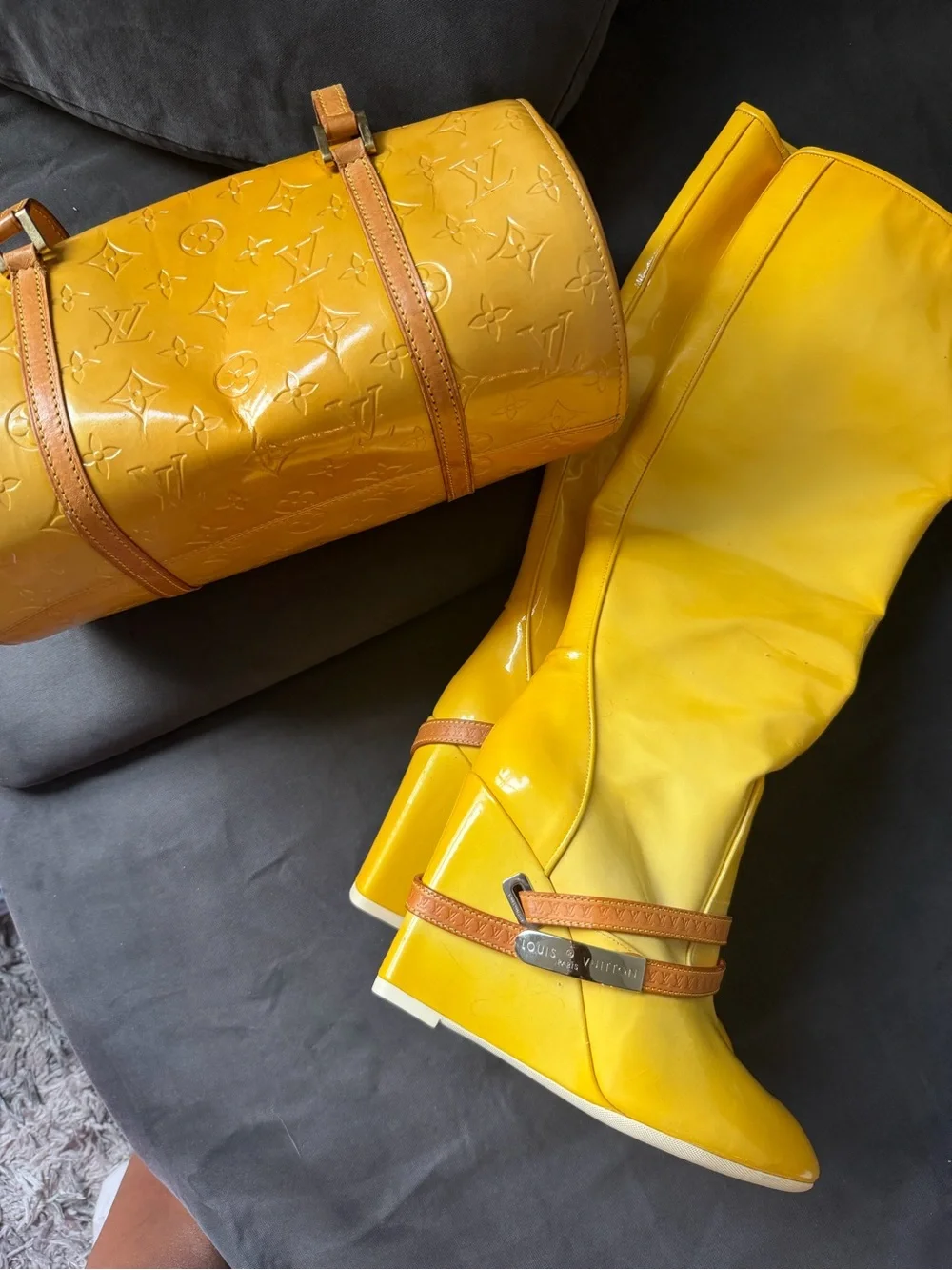 Louis Vuitton Yellow Monogram Patent Barrel Bag & Matching Yellow Boots